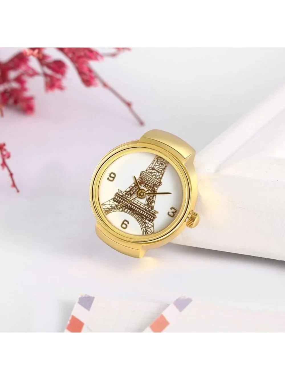 Unisex Gold Analog Plated Elastic Eiffel Tower Simple Round Finger Ring Watch
